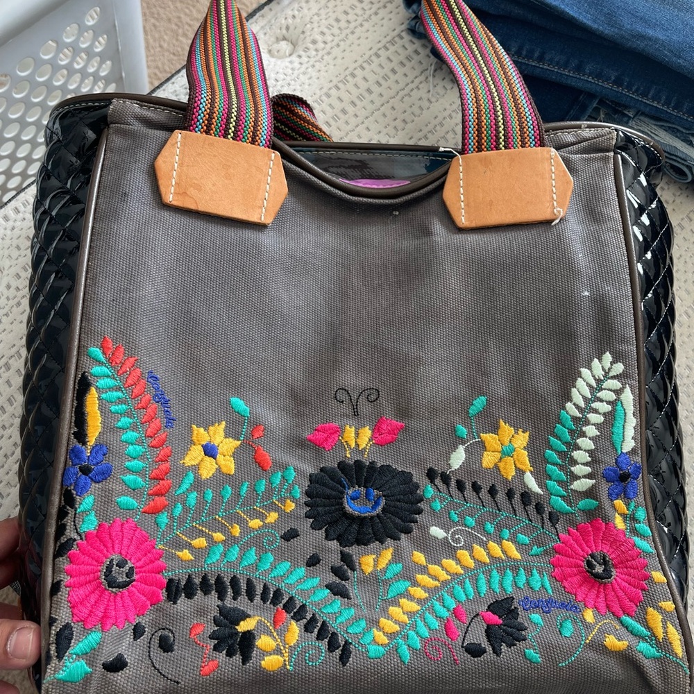 Embroidered Gray Tote Bag